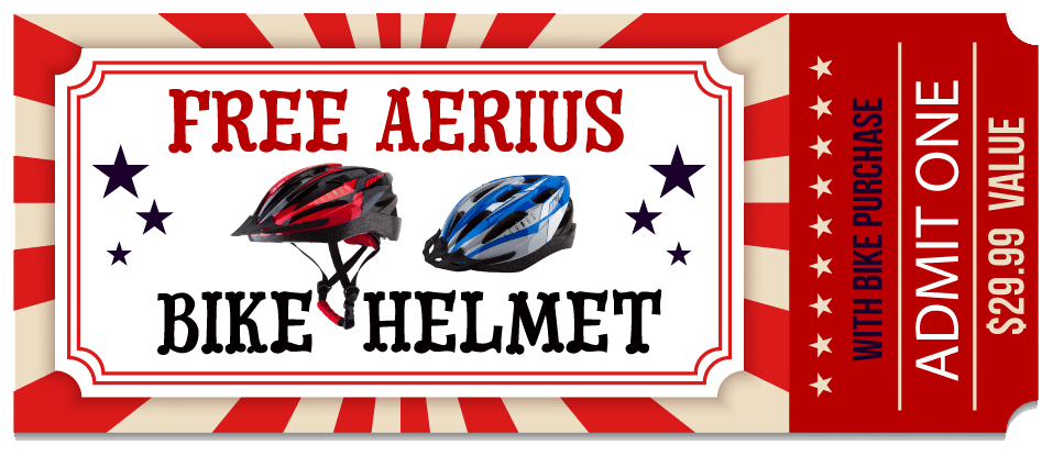A red and white ticket offering a free Aerius bike helmet with bike purchase. Two helmets, one red and black, one blue and black, are shown. "ADMIT ONE" and "$29.99 VALUE" are printed on the right side.