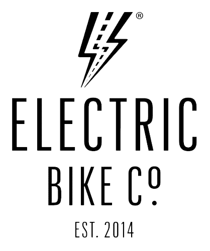 Electric Bike Co. logo featuring a stylized lightning bolt above bold text reading "ELECTRIC BIKE CO." with "EST. 2014" below, all in black and white.