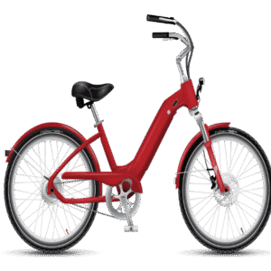 A red step-through bicycle with black seat and handlebars, viewed from the side, on a light grey background. The bike has front and rear fenders and standard pedals. Icons are visible along the left side of the image.