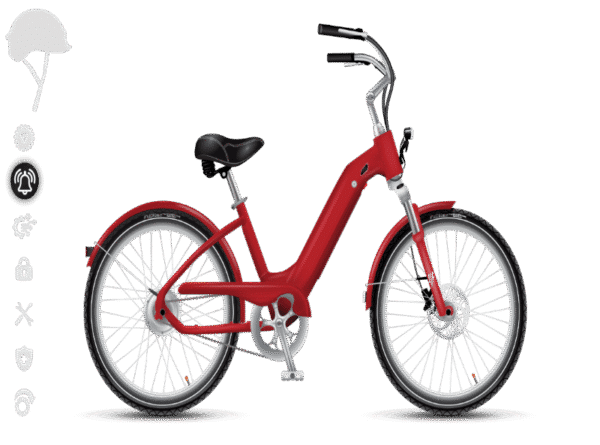 A red step-through bicycle with black seat and handlebars, viewed from the side, on a light grey background. The bike has front and rear fenders and standard pedals. Icons are visible along the left side of the image.