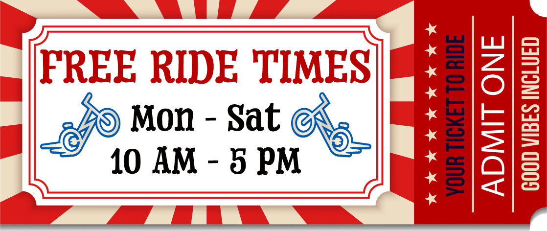 A colorful ticket with red rays and bicycles that reads: “FREE RIDE TIMES. Mon–Sat 10 AM–5 PM.” Side text says, “YOUR TICKET TO RIDE. ADMIT ONE. GOOD VIBES INCLUDED.”.