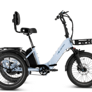 A light blue electric tricycle with a black seat, high backrest, front basket, and rear cargo rack, shown from the side on a white background.