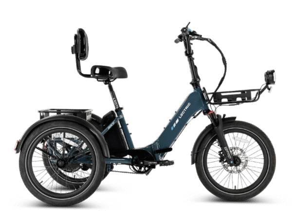 A blue electric tricycle with a padded backrest, wide seat, front and rear baskets, and thick tires, designed for comfortable and practical transportation.