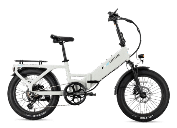 A white electric bicycle with thick tires, a rear cargo rack, front suspension, and an integrated battery. The brand name "Lectric" is visible on the frame. The bike is photographed from the side on a white background.