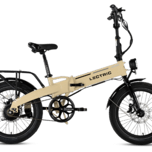 A beige Lectric folding electric bicycle with black tires, a rear cargo rack, front and rear fenders, and the brand name "Lectric" displayed on the frame, shown in profile on a white background.