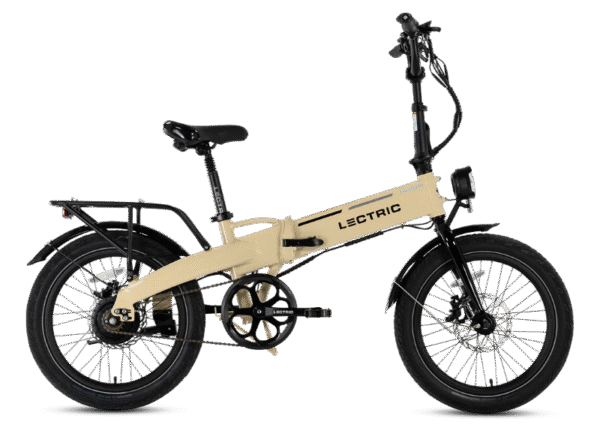 A beige Lectric folding electric bicycle with black tires, a rear cargo rack, front and rear fenders, and the brand name "Lectric" displayed on the frame, shown in profile on a white background.