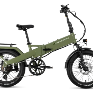 A green Lectric folding electric bike with thick tires, front suspension fork, rear rack, and a step-through frame, shown from the side on a white background.