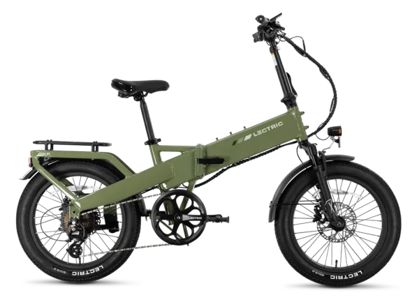 A green Lectric folding electric bike with thick tires, front suspension fork, rear rack, and a step-through frame, shown from the side on a white background.