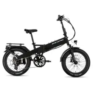 A black folding electric bicycle with thick tires, front and rear fenders, rear cargo rack, and visible battery integrated into the frame, displayed against a white background.