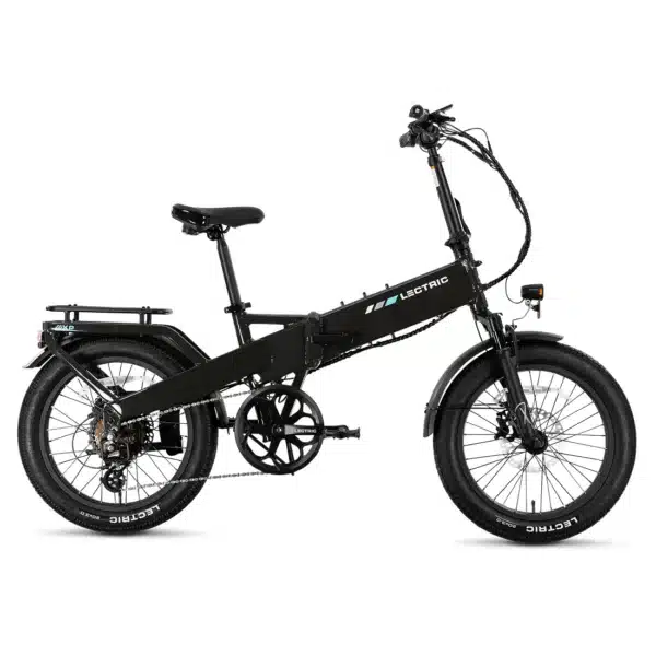 A black folding electric bicycle with thick tires, front and rear fenders, rear cargo rack, and visible battery integrated into the frame, displayed against a white background.