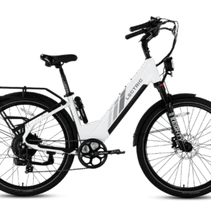 A white electric bicycle with black accents, upright handlebars, front and rear fenders, rear cargo rack, and thick tires, shown from the side against a plain background.