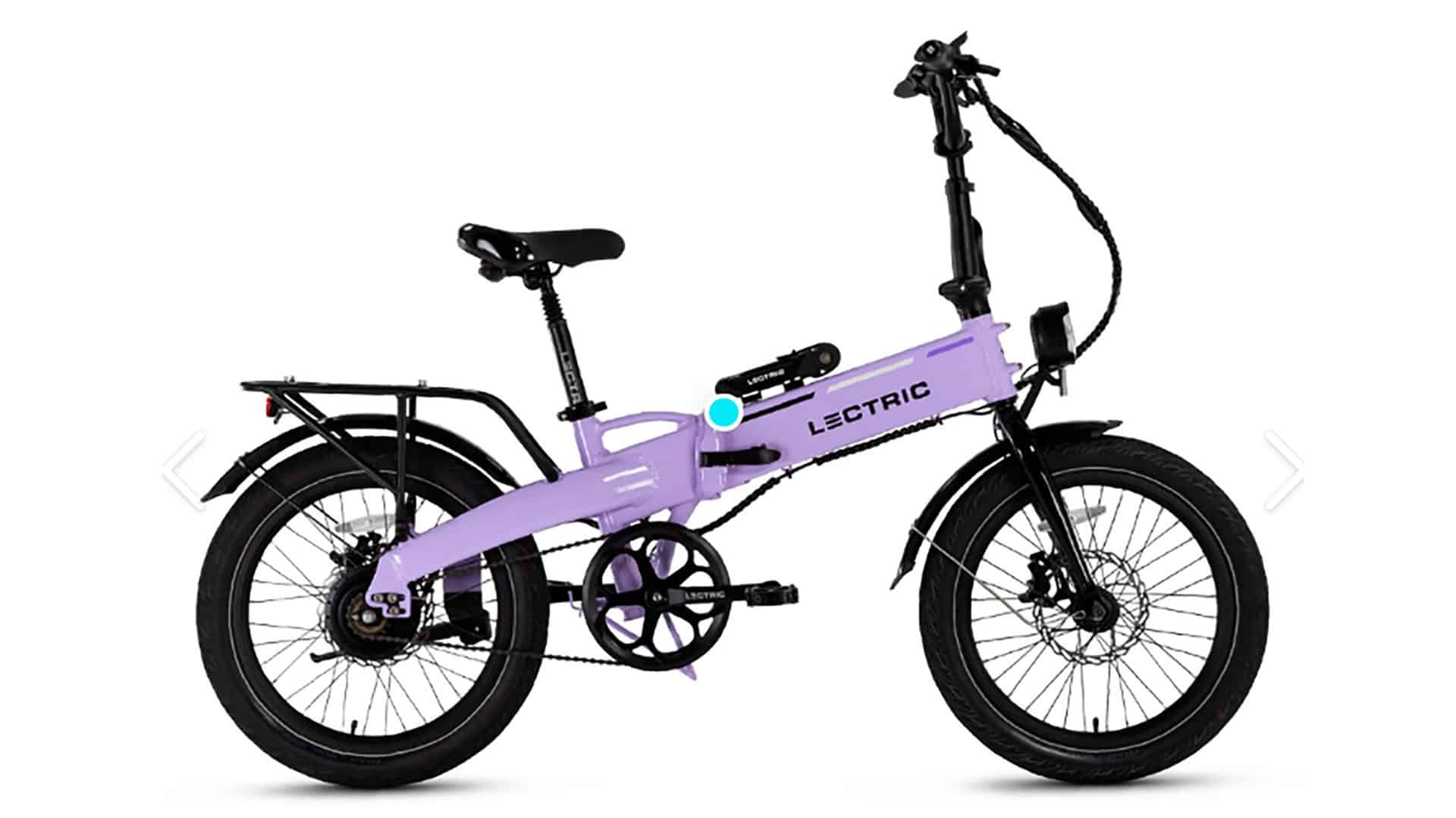 A lavender-colored Lectric folding electric bike is shown in a side view against a white background. The bike features a step-through frame, rear rack, and black wheels.