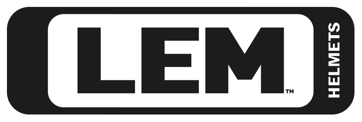 LEM Helmets logo in bold black letters inside a rounded rectangle, with the word "HELMETS" written vertically on the right side.