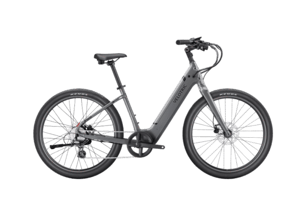 A gray electric bicycle with a step-through frame, black seat, and wide tires, shown from the side on a plain white background.