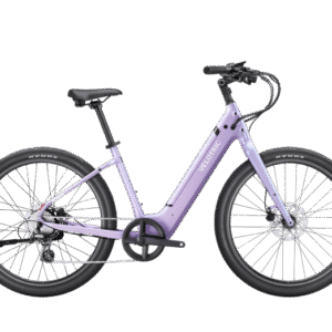 A lavender-colored step-through electric bicycle with black tires, a black seat, and upright handlebars, shown from the side on a white background.