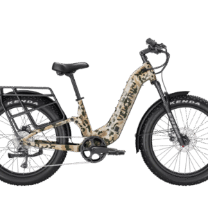 A step-through electric bicycle with a camouflage paint design, wide tires, front and rear fenders, a rear cargo rack, and the brand name "VIVI" on the frame, shown on a white background.
