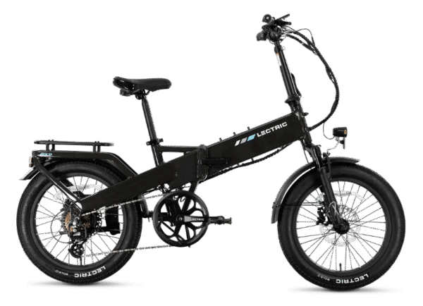 A black Lectric folding electric bike with thick tires, a rear cargo rack, front and rear fenders, and visible battery and motor components, shown from the side on a white background.
