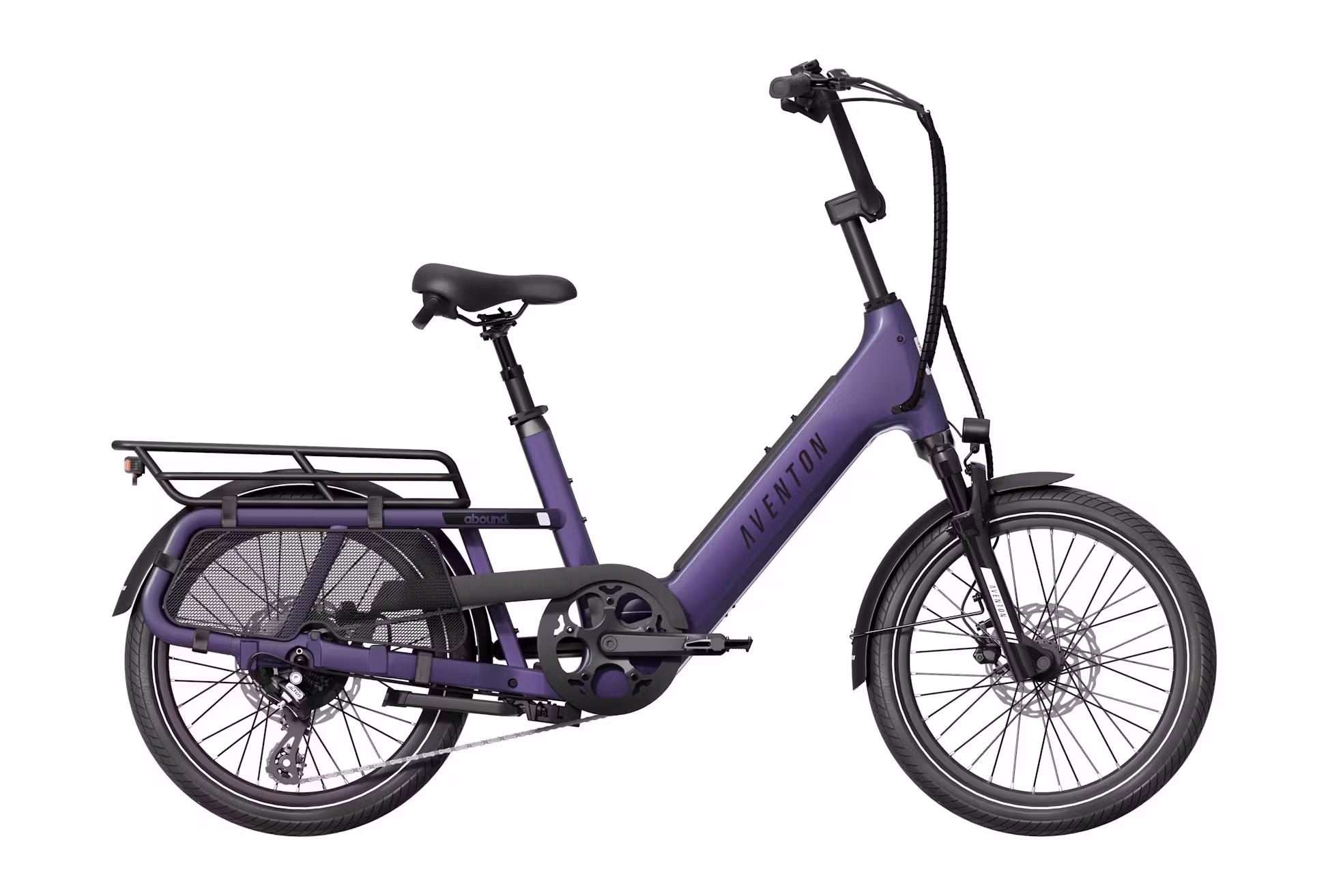 A purple electric bicycle with a step-through frame, rear cargo rack, front suspension, and black saddle shown in profile on a white background.