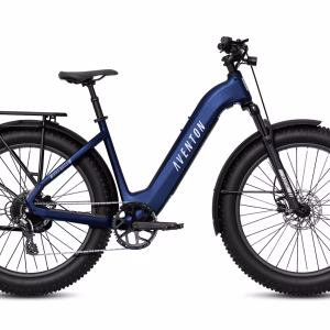 A blue Aventon electric fat tire bike with a step-through frame, rear cargo rack, front suspension, and large thick tires designed for various terrains, shown in a side view against a white background.